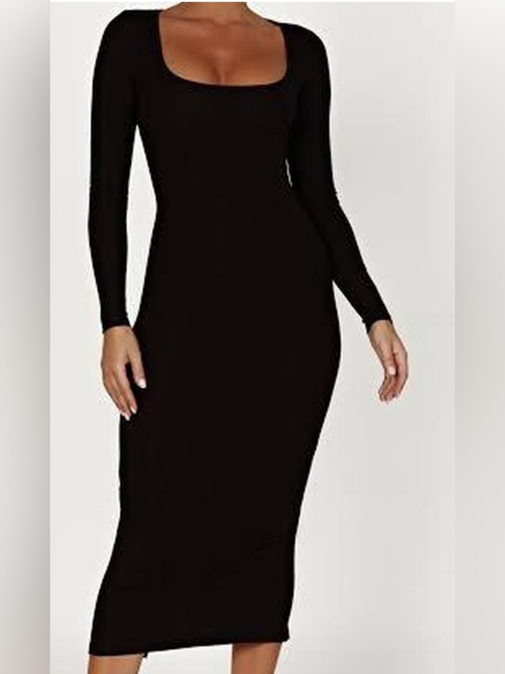 MESHKI Sierra Black Ribbed Long Sleeve Midi Dress XXS